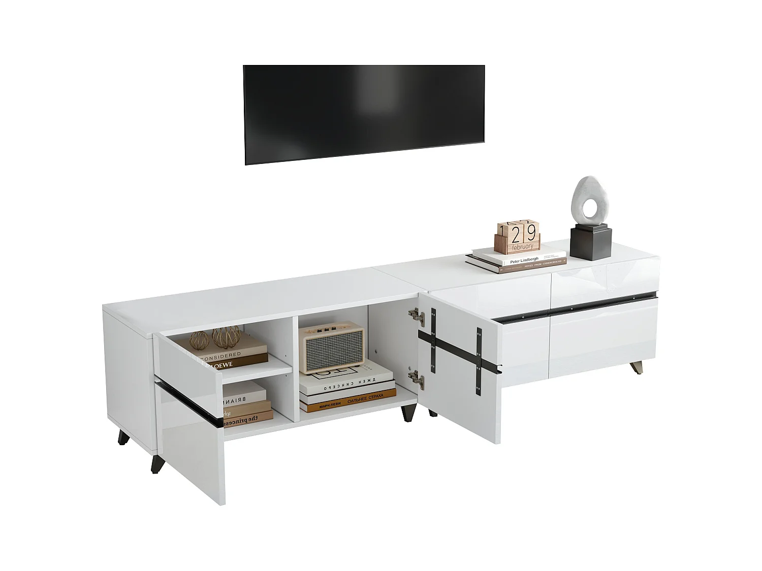 Meuble TV 180x40x49cm - 4 portes - Étagères réglables - Finition brillante - MDF - Blanc