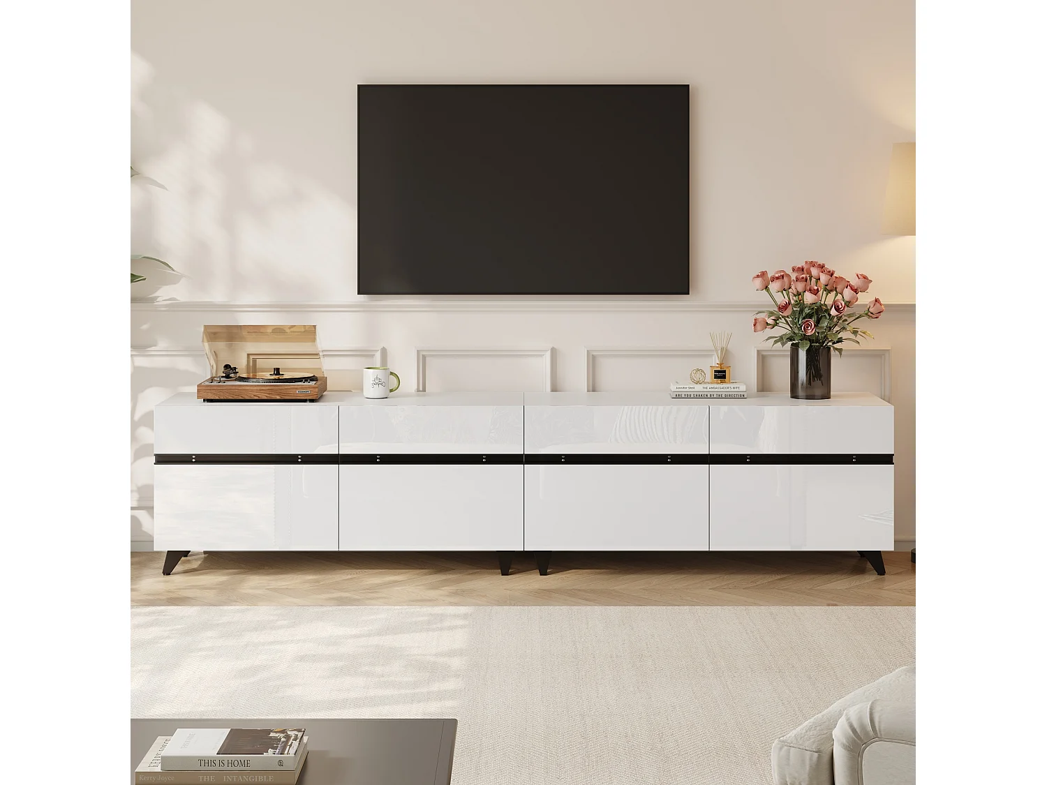 Meuble TV 180x40x49cm - 4 portes - Étagères réglables - Finition brillante - MDF - Blanc