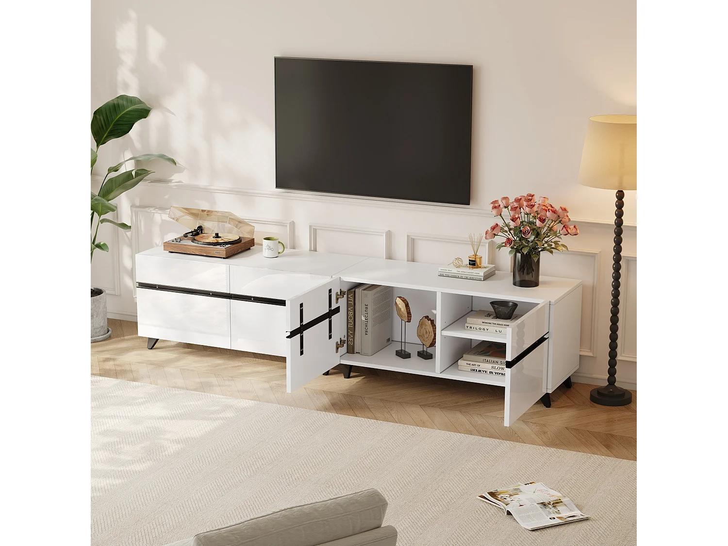 Meuble TV 180x40x49cm - 4 portes - Étagères réglables - Finition brillante - MDF - Blanc