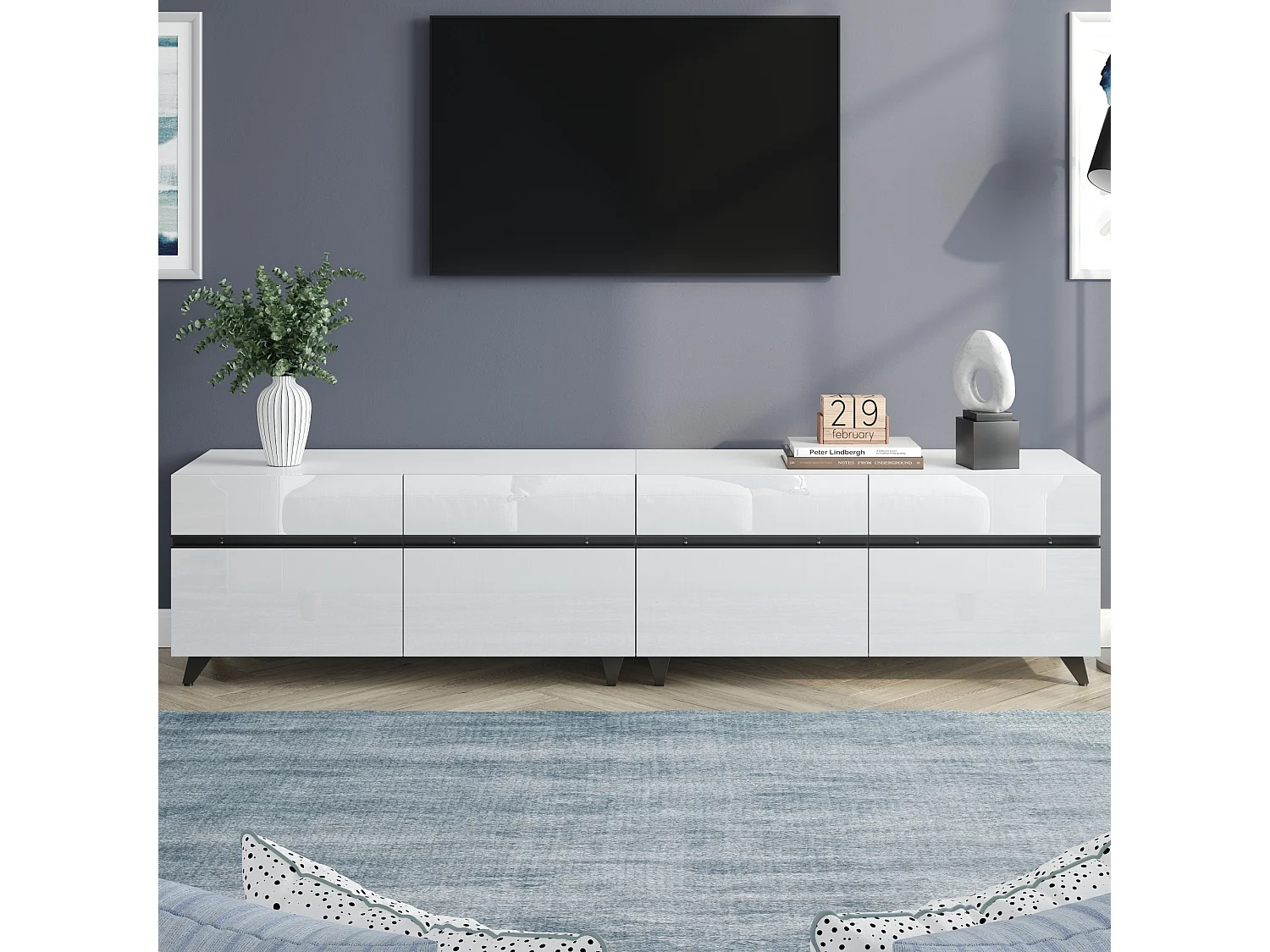 Meuble TV 180x40x49cm - 4 portes - Étagères réglables - Finition brillante - MDF - Blanc