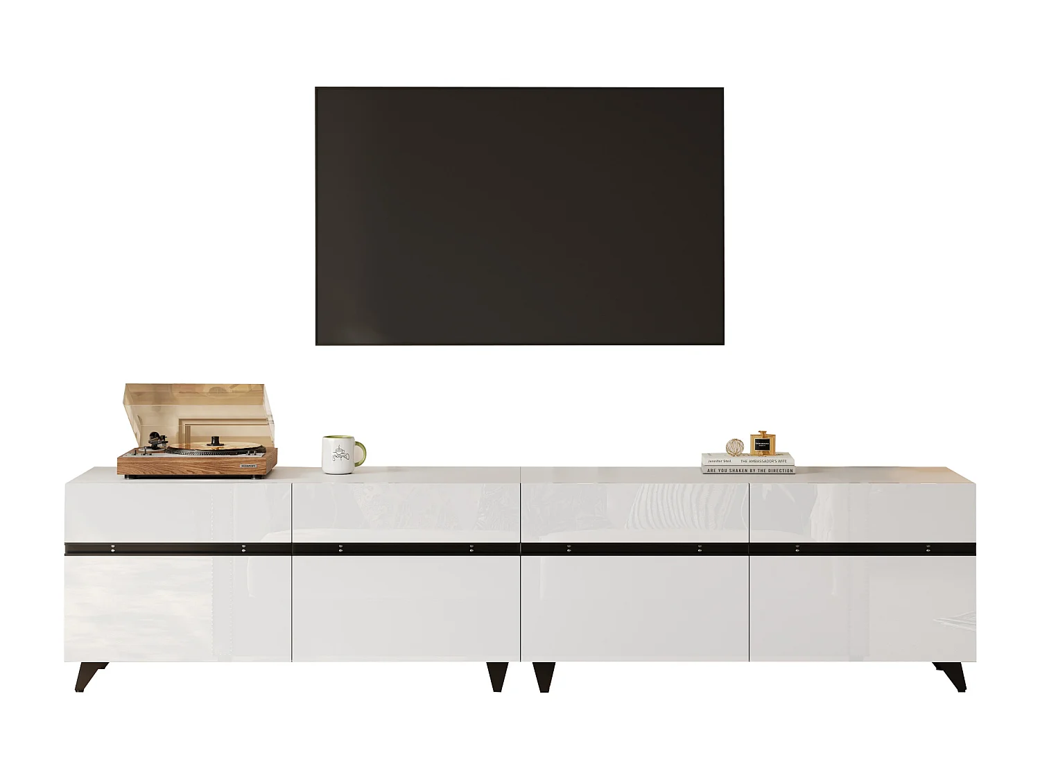 Meuble TV 180x40x49cm - 4 portes - Étagères réglables - Finition brillante - MDF - Blanc