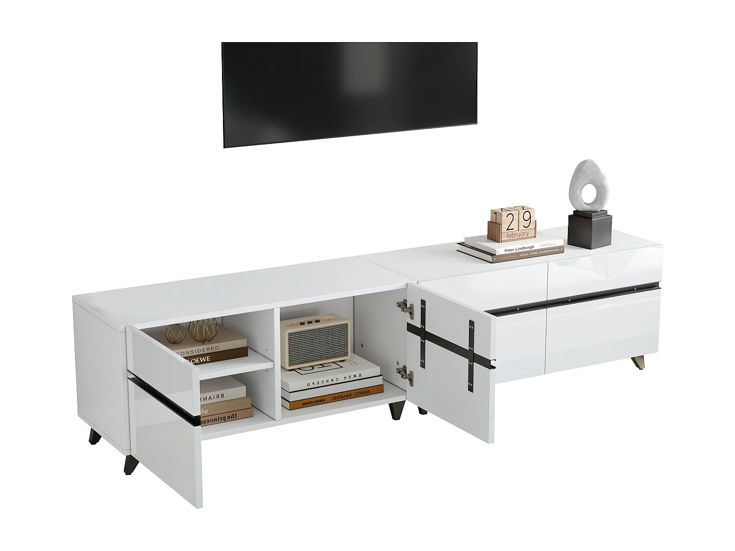 Meuble TV 180x40x49cm - 4 portes - Étagères réglables - Finition brillante - MDF - Blanc