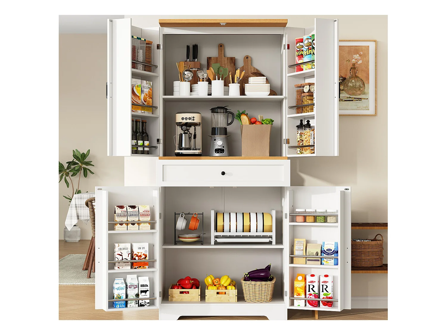 Buffet de cuisine moderne 80x40x180cm - 4 portes + 1 tiroir - meuble haut - MDF - Blanc