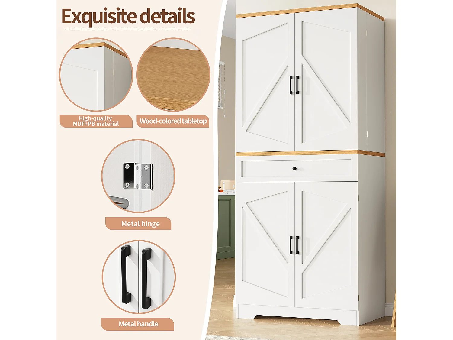 Buffet de cuisine moderne 80x40x180cm - 4 portes + 1 tiroir - meuble haut - MDF - Blanc