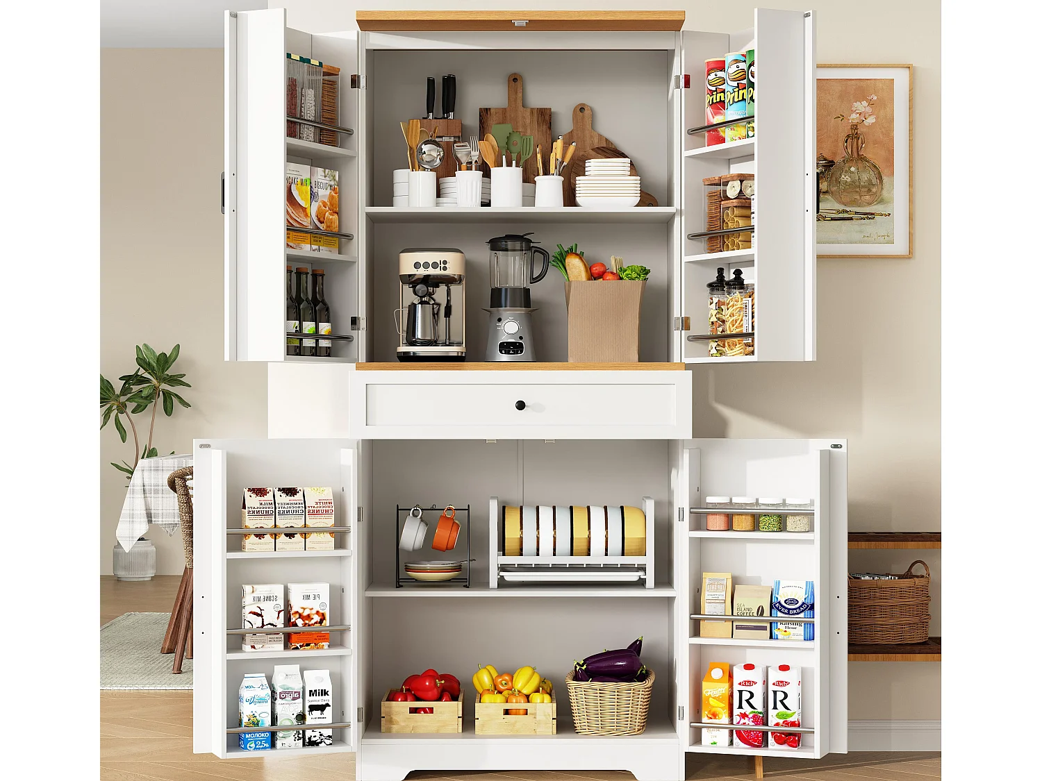 Buffet de cuisine moderne 80x40x180cm - 4 portes + 1 tiroir - meuble haut - MDF - Blanc