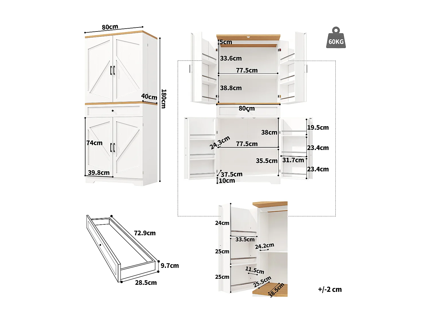 Buffet de cuisine moderne 80x40x180cm - 4 portes + 1 tiroir - meuble haut - MDF - Blanc