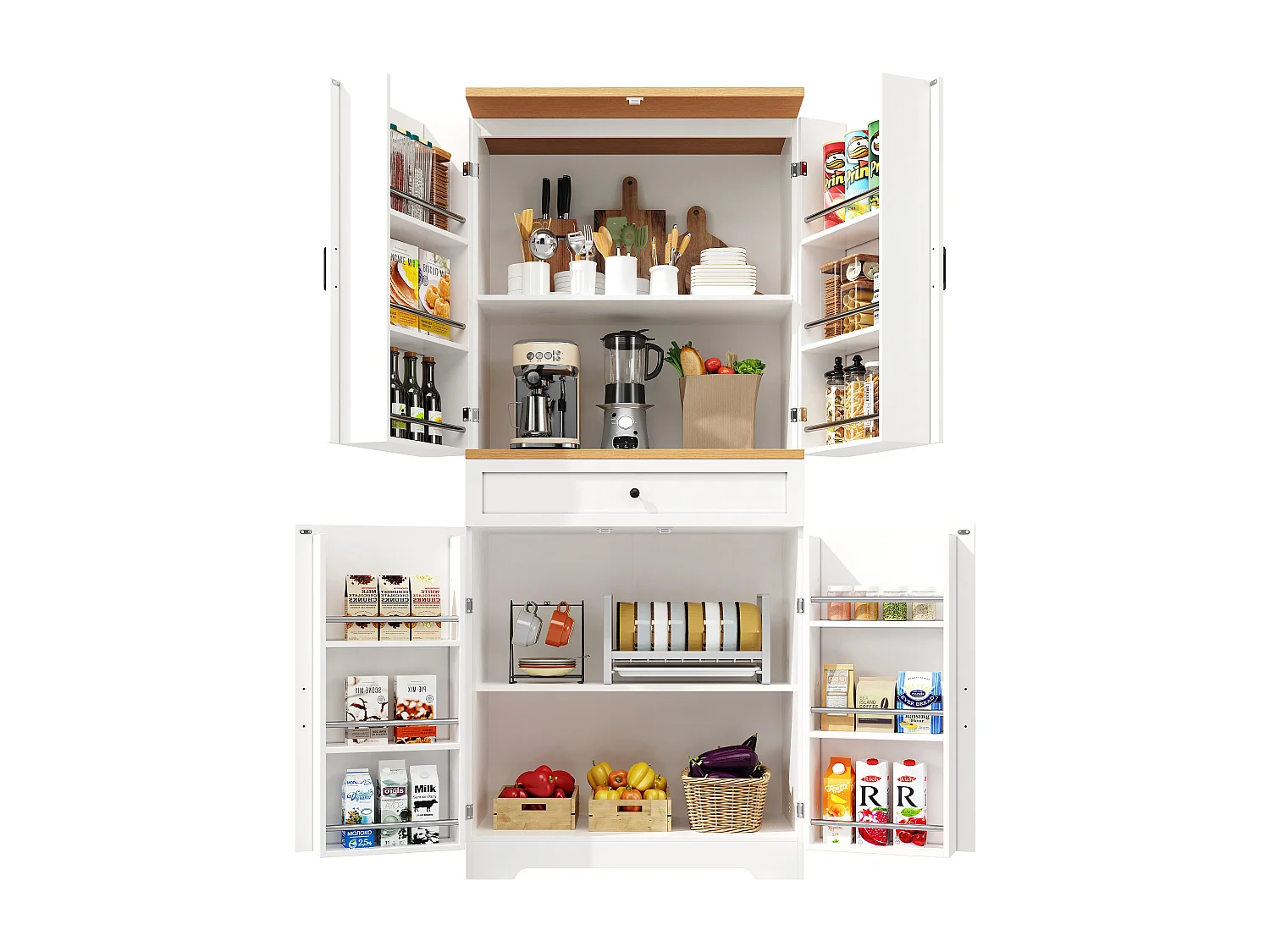 Buffet de cuisine moderne 80x40x180cm - 4 portes + 1 tiroir - meuble haut - MDF - Blanc