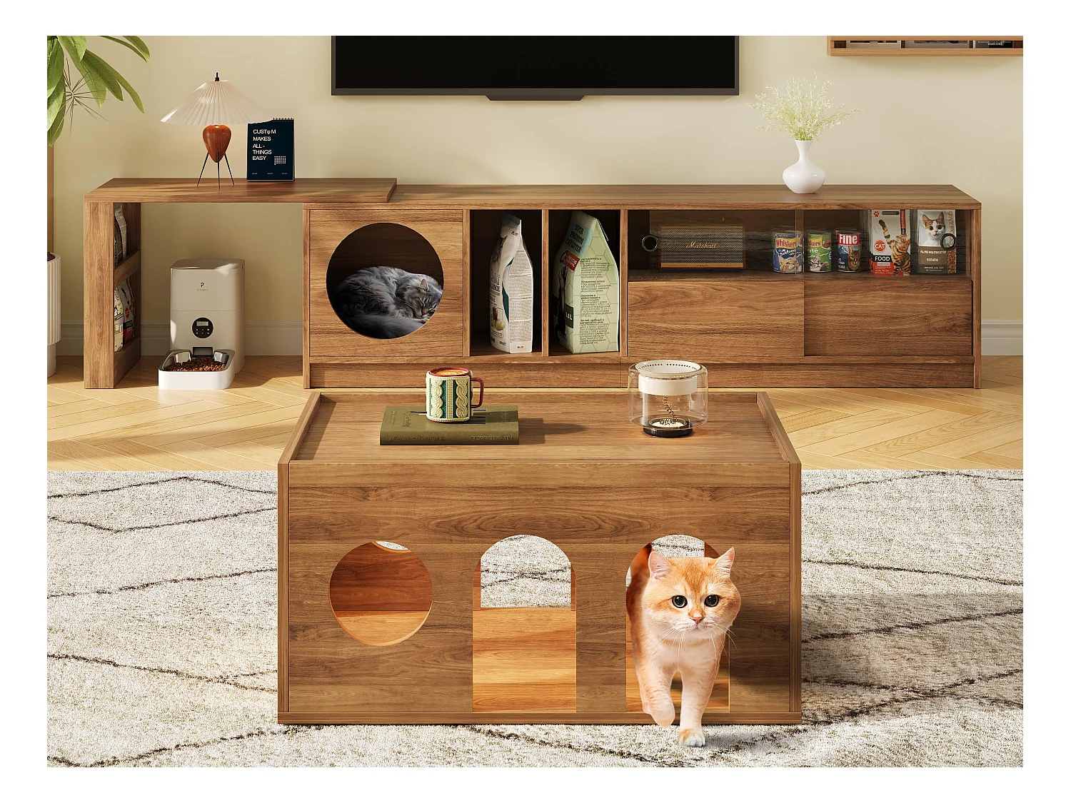 Meuble TV rotatif en deux parties et table basse - avec niche pour chat - étagères ouvertes - naturel