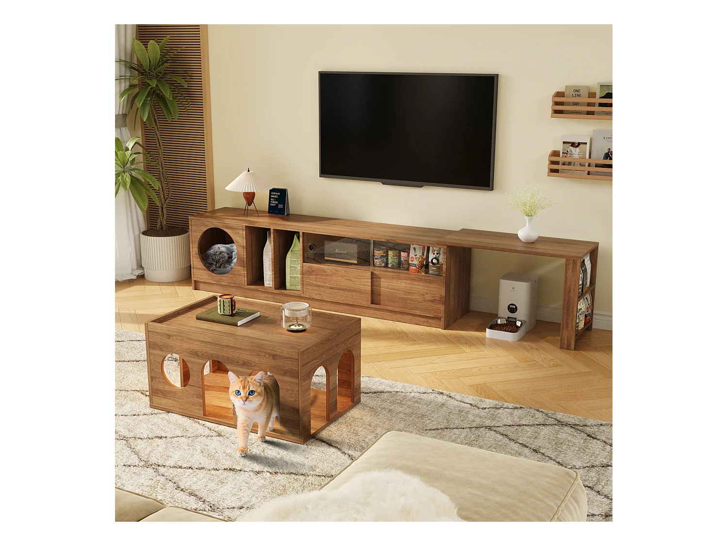 Meuble TV rotatif en deux parties et table basse - avec niche pour chat - étagères ouvertes - naturel