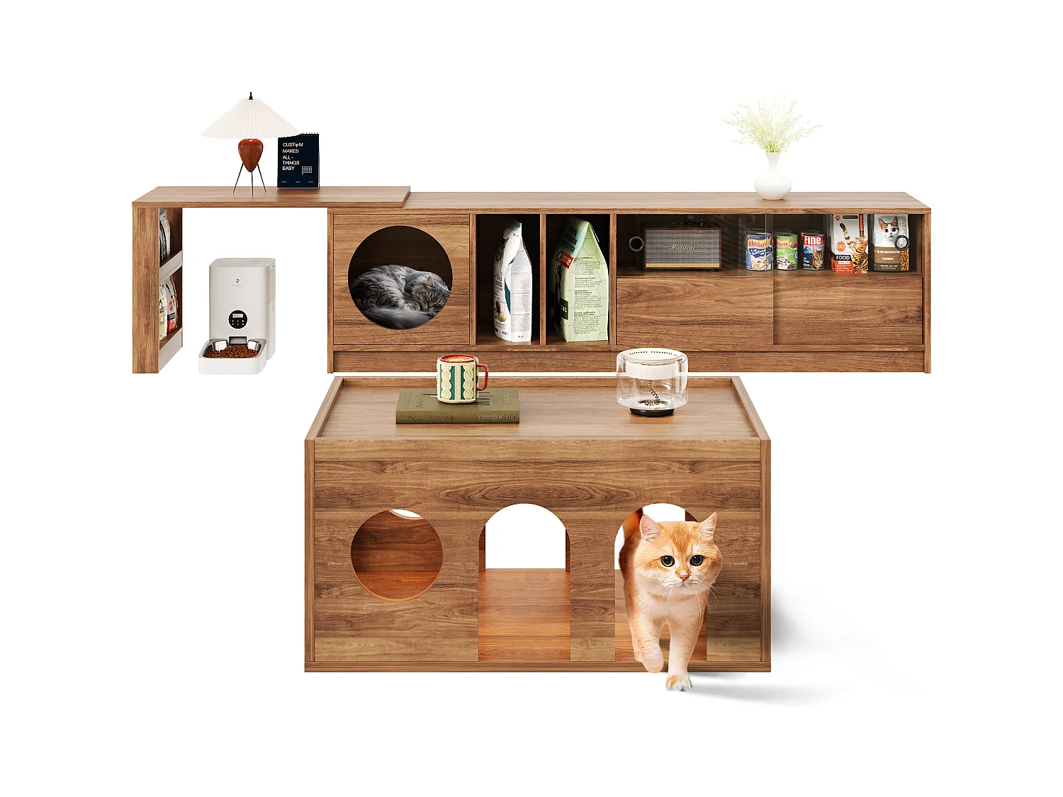 Meuble TV rotatif en deux parties et table basse - avec niche pour chat - étagères ouvertes - naturel