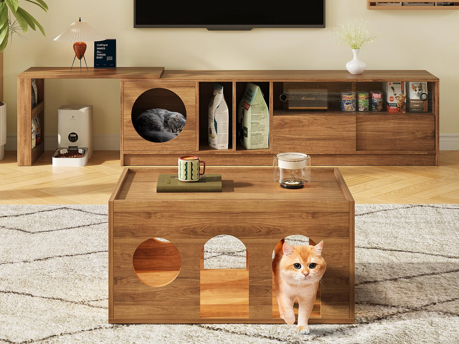 Mobile TV girevole in due parti e tavolino - con nicchia per gatti - ripiani aperti - naturale