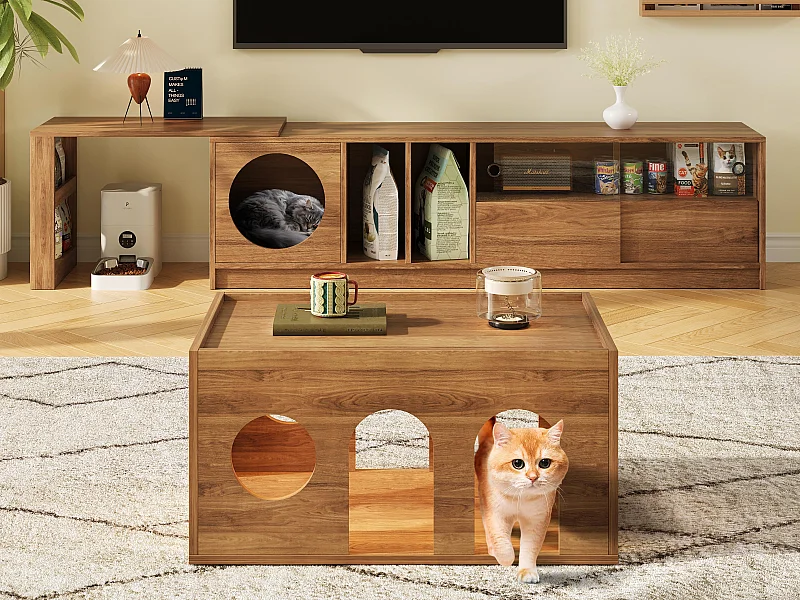 Meuble TV rotatif en deux parties et table basse - avec niche pour chat - étagères ouvertes - naturel