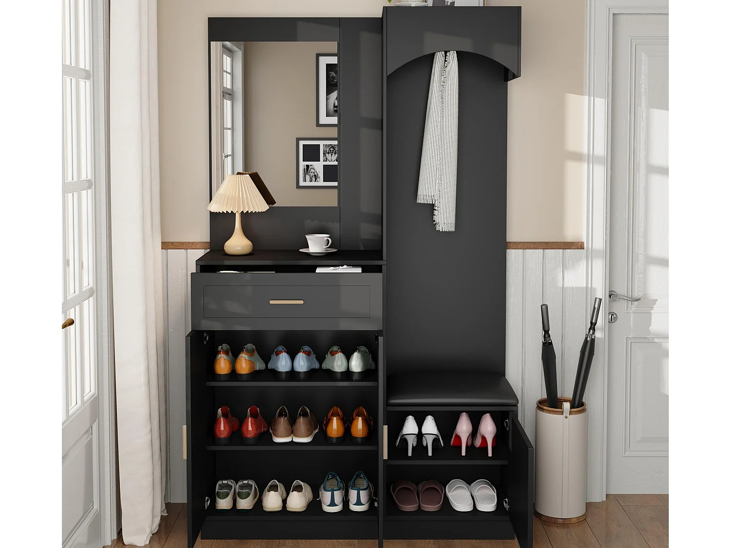 Ensemble vestiaire d'entrée 110x33x185,5 cm - 3 portes et 1 tiroir - Meuble à chaussures et banc à chaussures - avec miroir - Noir