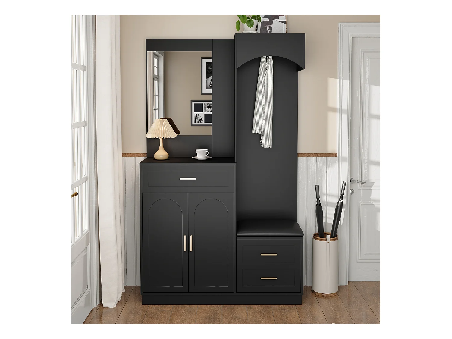 Ensemble vestiaire d'entrée 110x33x185,5 cm - 3 portes et 1 tiroir - Meuble à chaussures et banc à chaussures - avec miroir - Noir