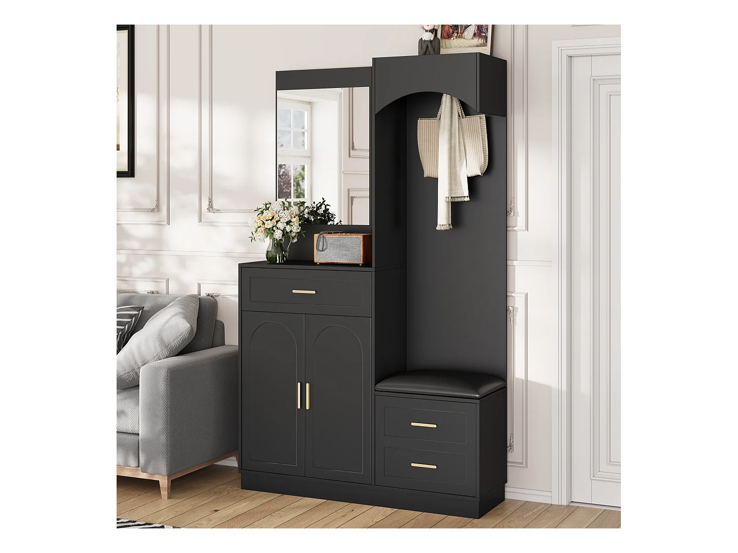 Ensemble vestiaire d'entrée 110x33x185,5 cm - 3 portes et 1 tiroir - Meuble à chaussures et banc à chaussures - avec miroir - Noir