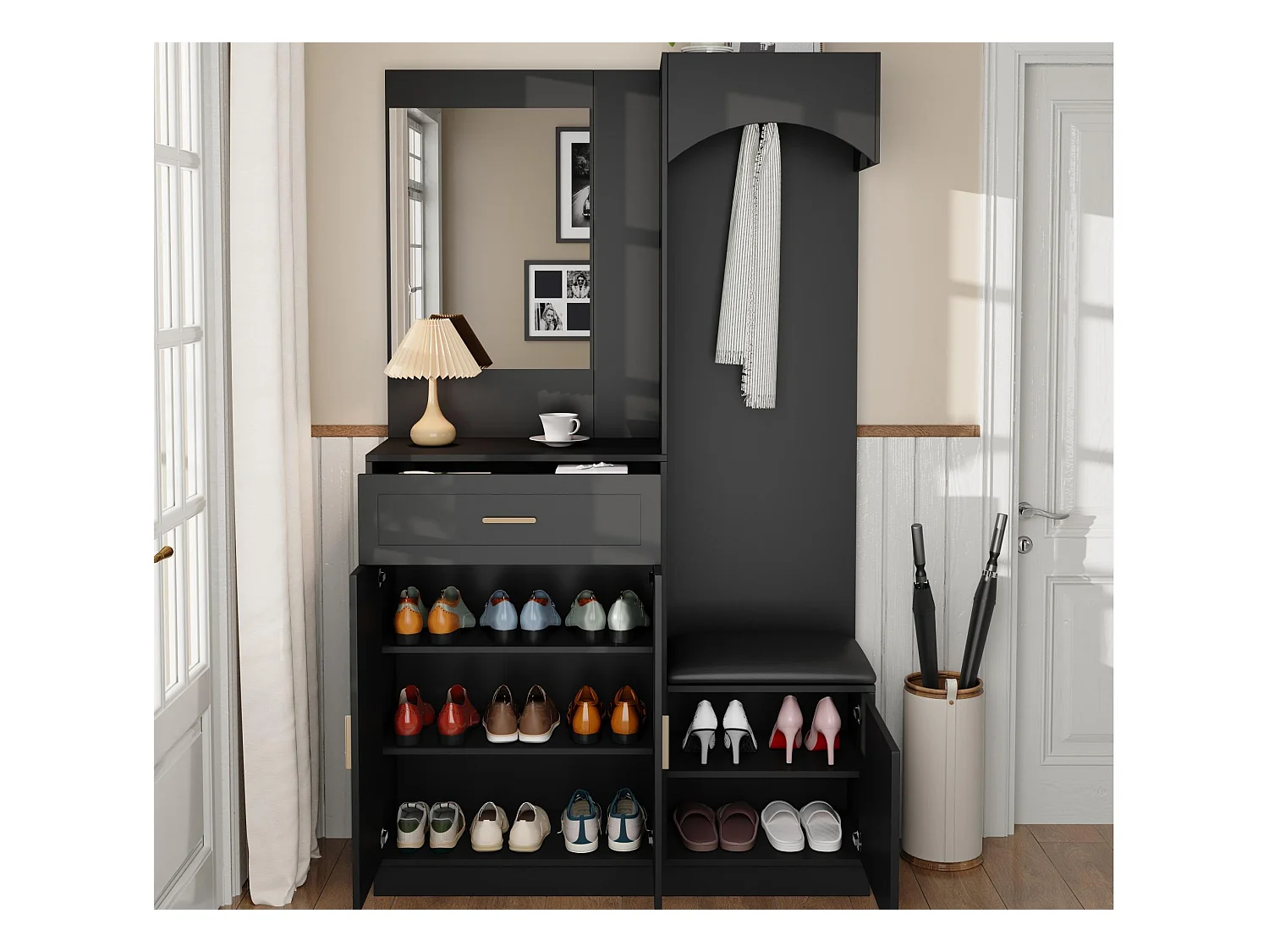 Ensemble vestiaire d'entrée 110x33x185,5 cm - 3 portes et 1 tiroir - Meuble à chaussures et banc à chaussures - avec miroir - Noir