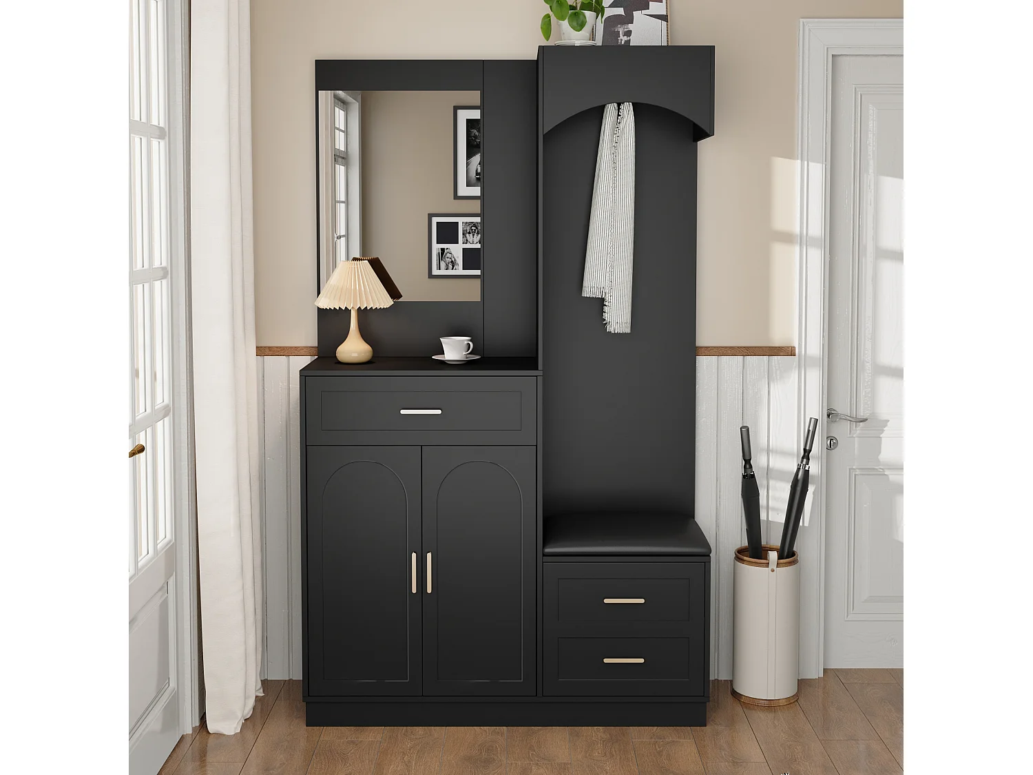 Ensemble vestiaire d'entrée 110x33x185,5 cm - 3 portes et 1 tiroir - Meuble à chaussures et banc à chaussures - avec miroir - Noir