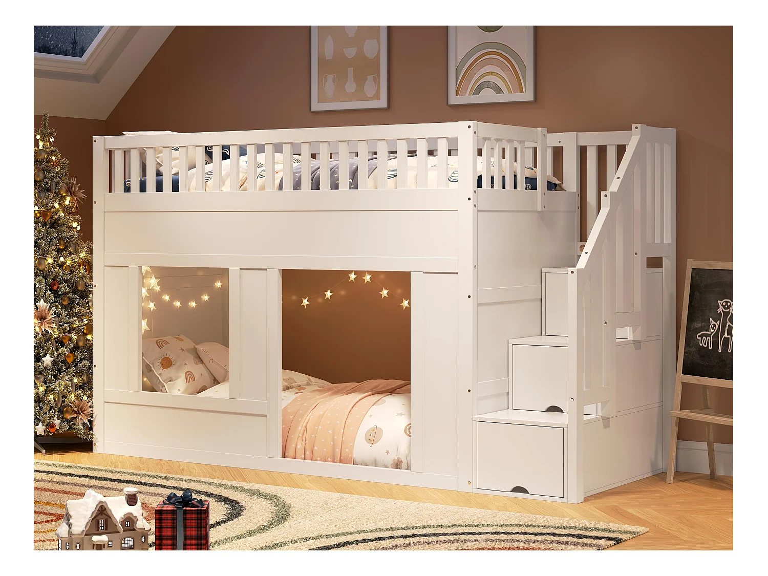 Lit mezzanine enfant 90x200 cm - avec escalier de rangement - avec barrières de sécurité - MDF - Blanc (matelas non inclus)