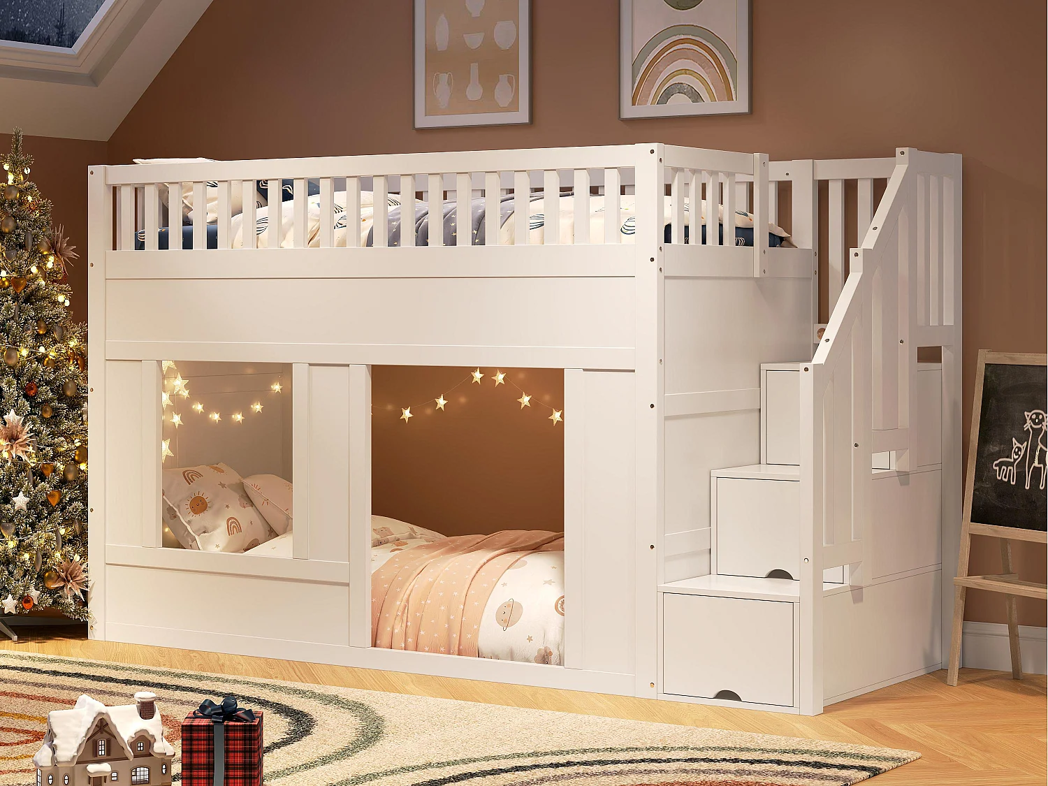 Letto soppalcato bambino 90x200 cm - con scala ripostiglio - con sponde di sicurezza - MDF - Bianco (materasso non incluso)