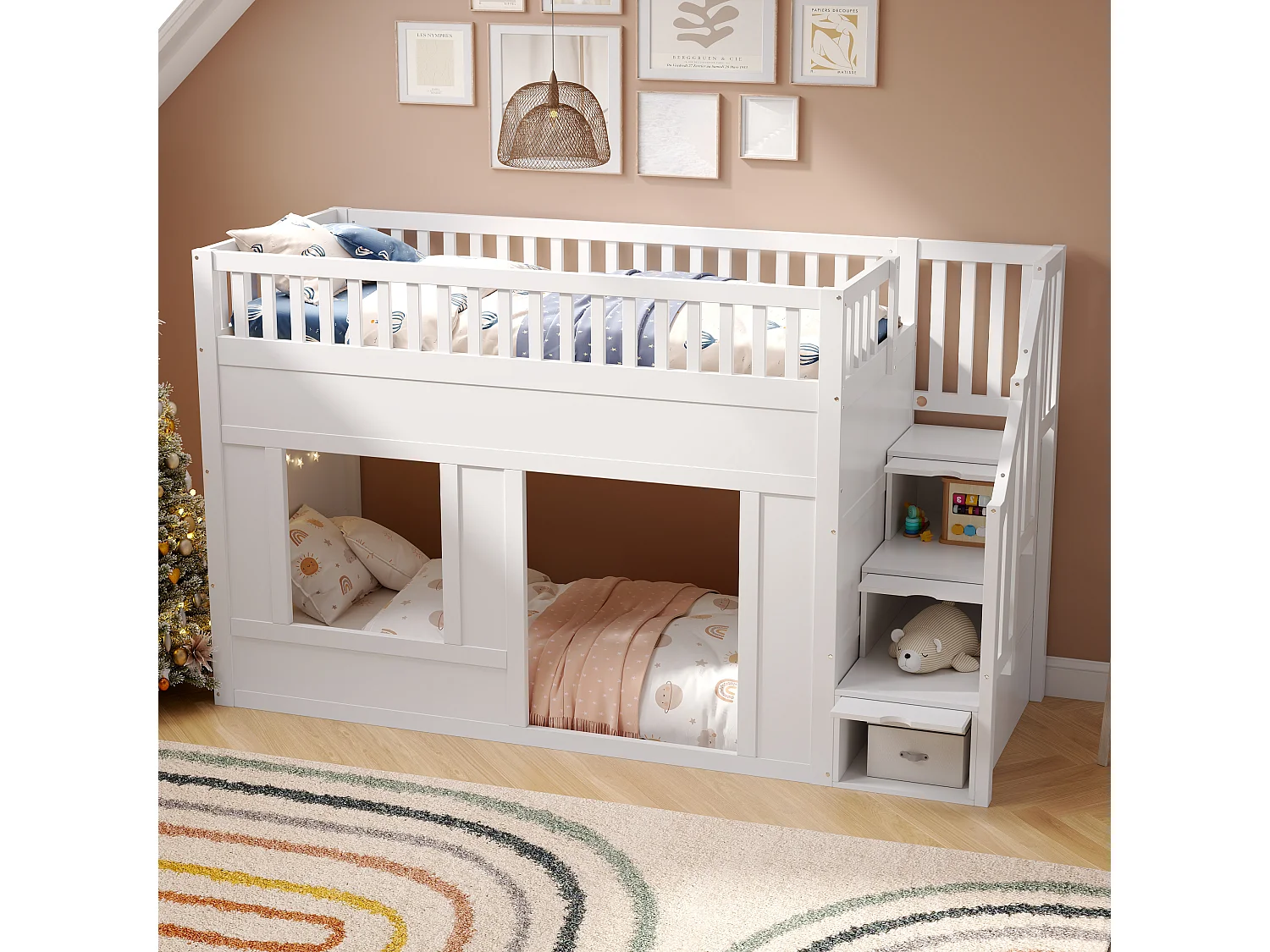 Letto soppalcato bambino 90x200 cm - con scala ripostiglio - con sponde di sicurezza - MDF - Bianco (materasso non incluso)