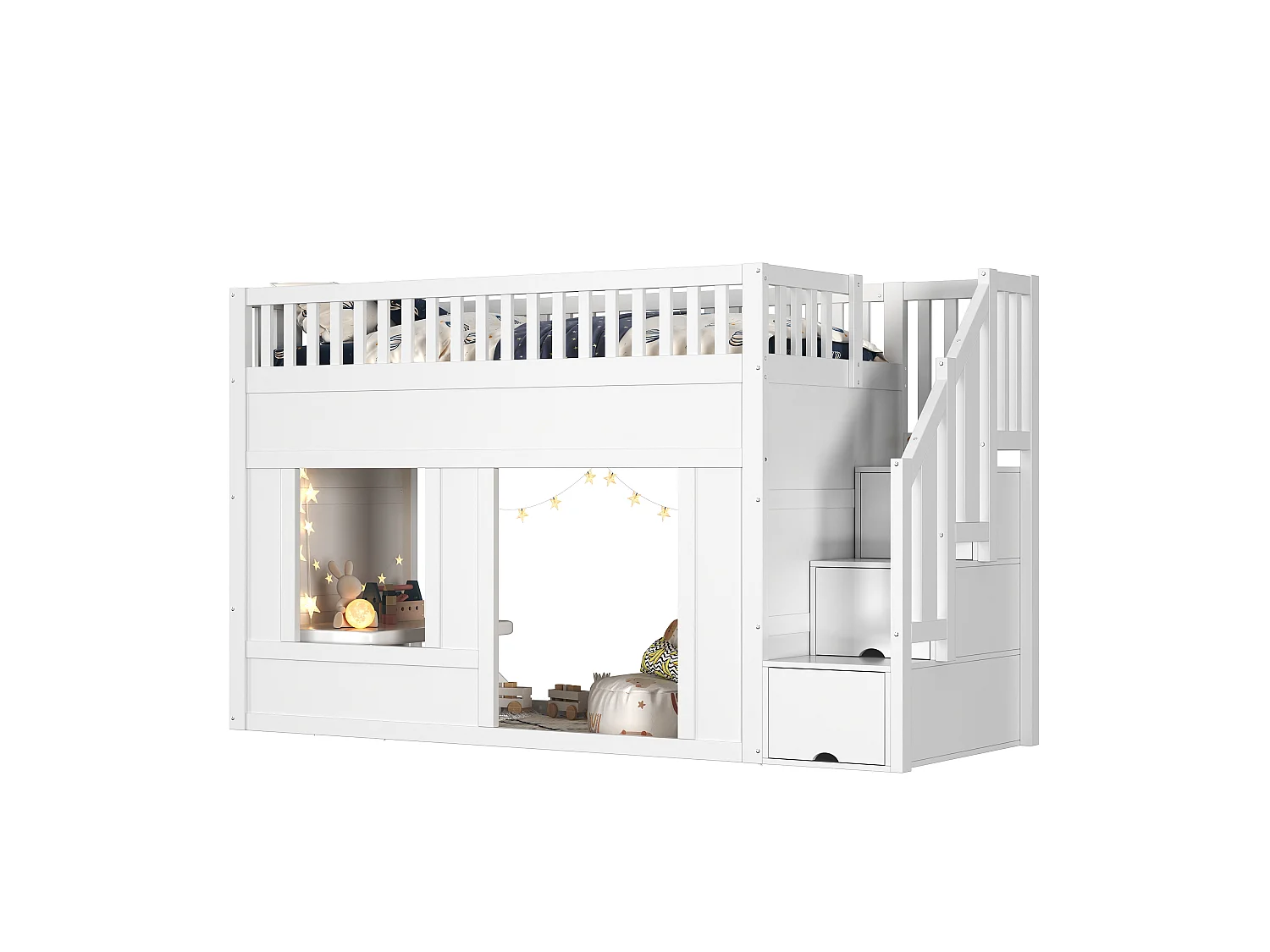 Letto soppalcato bambino 90x200 cm - con scala ripostiglio - con sponde di sicurezza - MDF - Bianco (materasso non incluso)