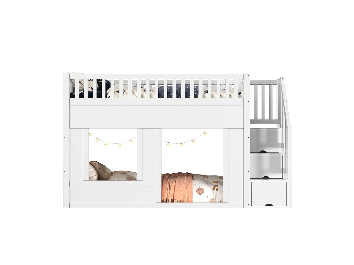Letto soppalcato bambino 90x200 cm - con scala ripostiglio - con sponde di sicurezza - MDF - Bianco (materasso non incluso)