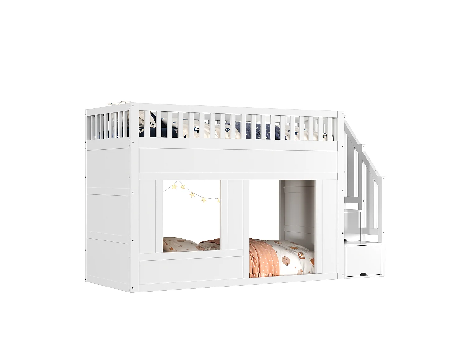Letto soppalcato bambino 90x200 cm - con scala ripostiglio - con sponde di sicurezza - MDF - Bianco (materasso non incluso)