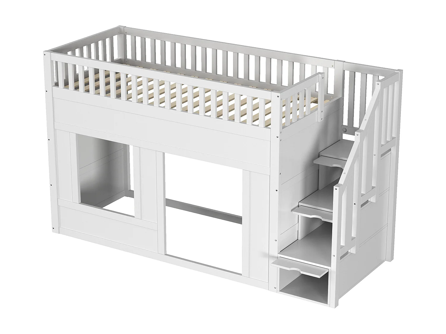 Letto soppalcato bambino 90x200 cm - con scala ripostiglio - con sponde di sicurezza - MDF - Bianco (materasso non incluso)