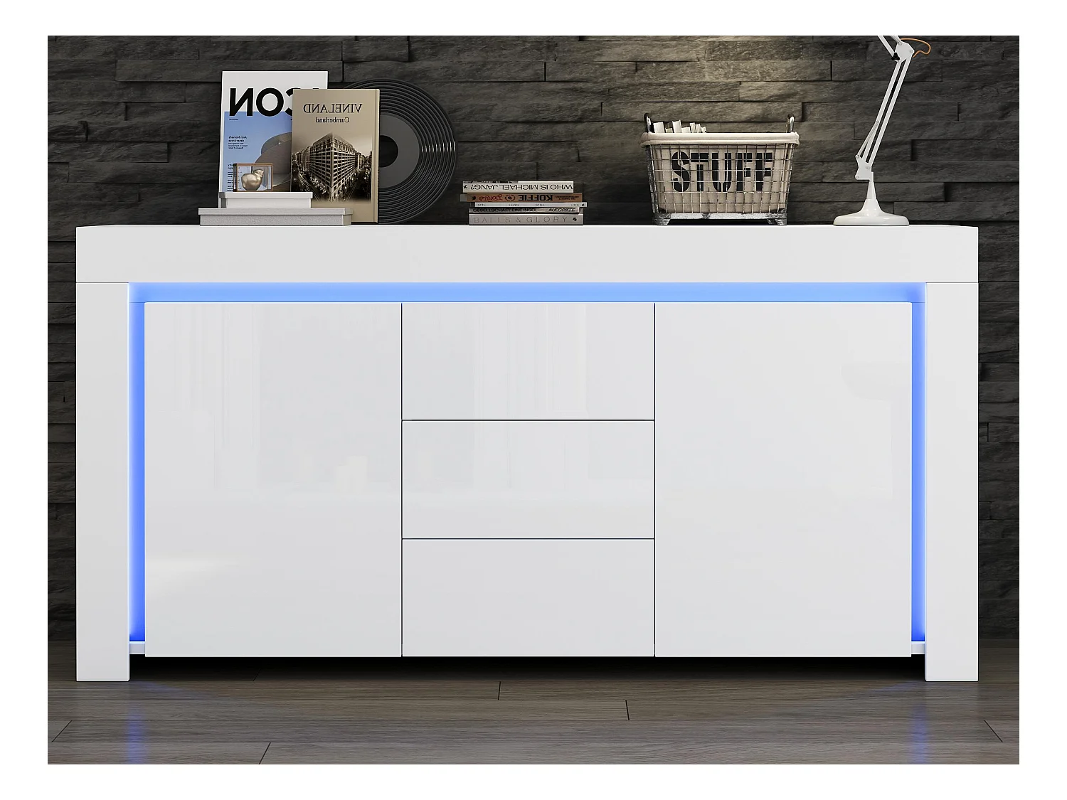 Buffet 140x40x65 cm - 3 tiroirs et 2 portes - avec éclairage LED - Finition brillante - Blanc