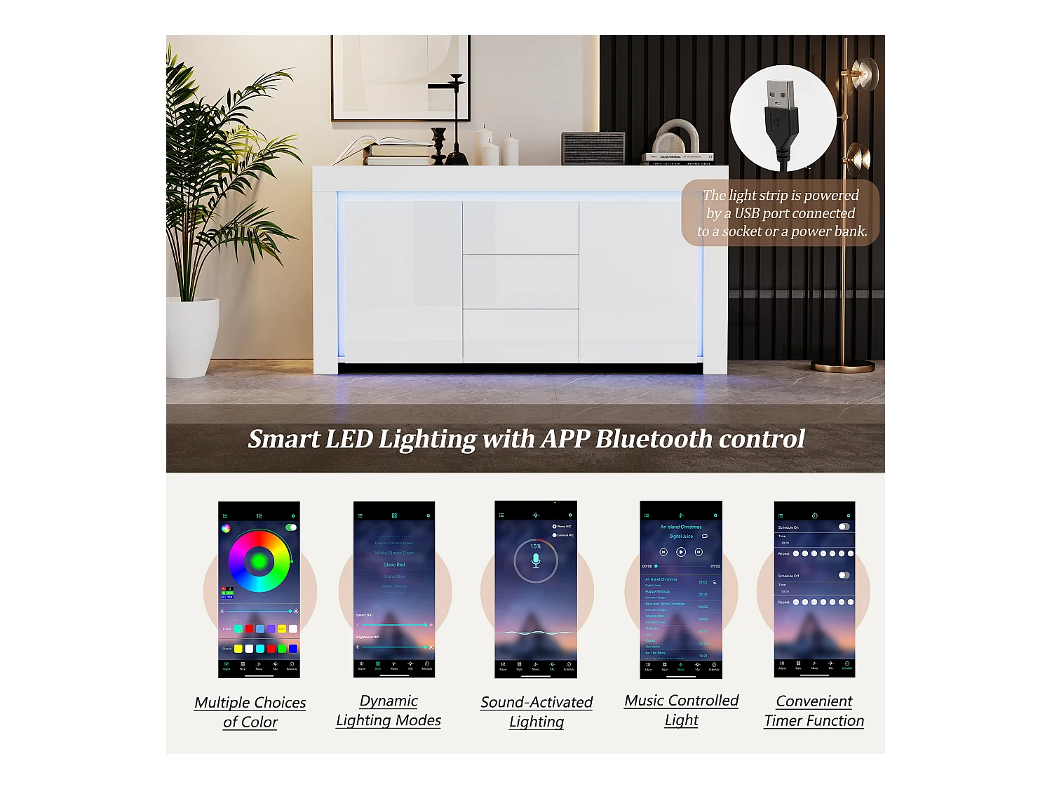 Buffet 140x40x65 cm - 3 tiroirs et 2 portes - avec éclairage LED - Finition brillante - Blanc