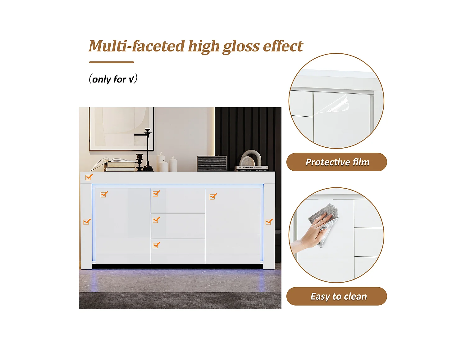 Buffet 140x40x65 cm - 3 tiroirs et 2 portes - avec éclairage LED - Finition brillante - Blanc