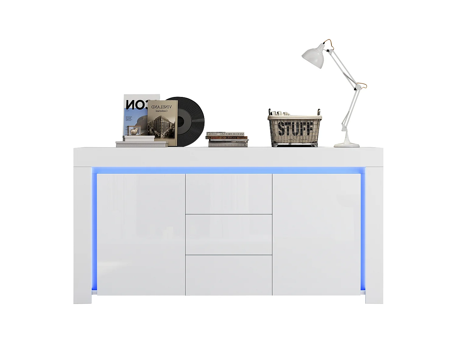 Buffet 140x40x65 cm - 3 tiroirs et 2 portes - avec éclairage LED - Finition brillante - Blanc