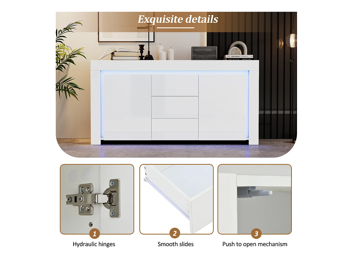 Buffet 140x40x65 cm - 3 tiroirs et 2 portes - avec éclairage LED - Finition brillante - Blanc