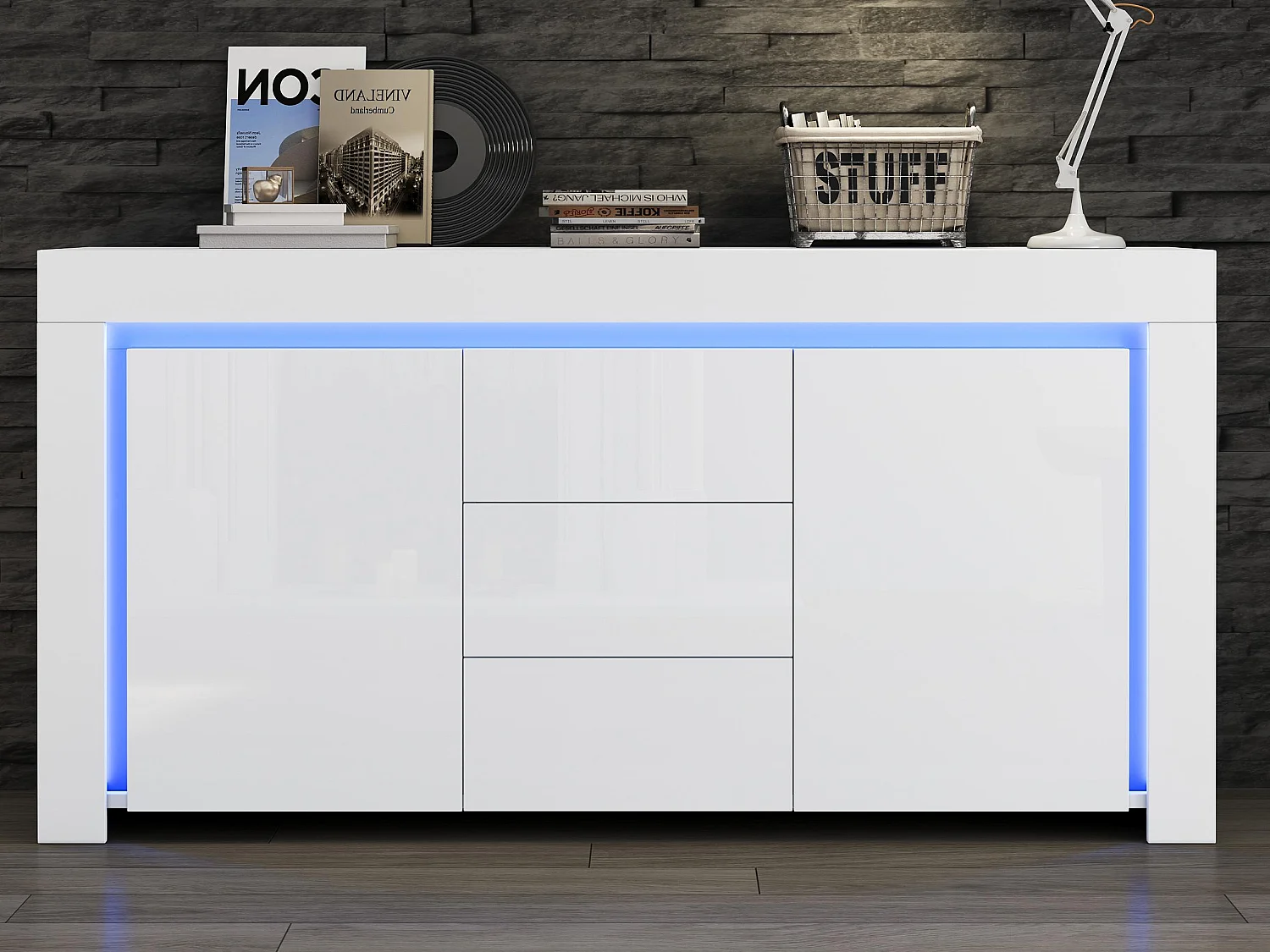 Buffet 140x40x65 cm - 3 tiroirs et 2 portes - avec éclairage LED - Finition brillante - Blanc