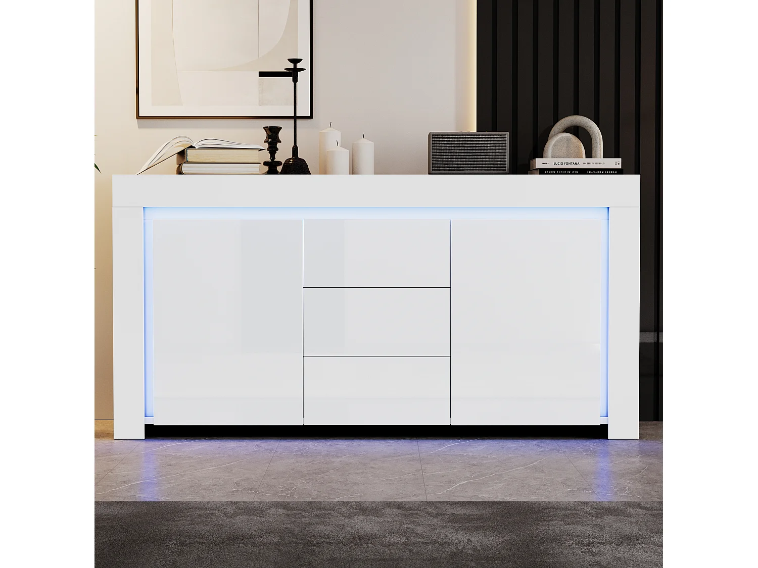 Buffet 140x40x65 cm - 3 tiroirs et 2 portes - avec éclairage LED - Finition brillante - Blanc