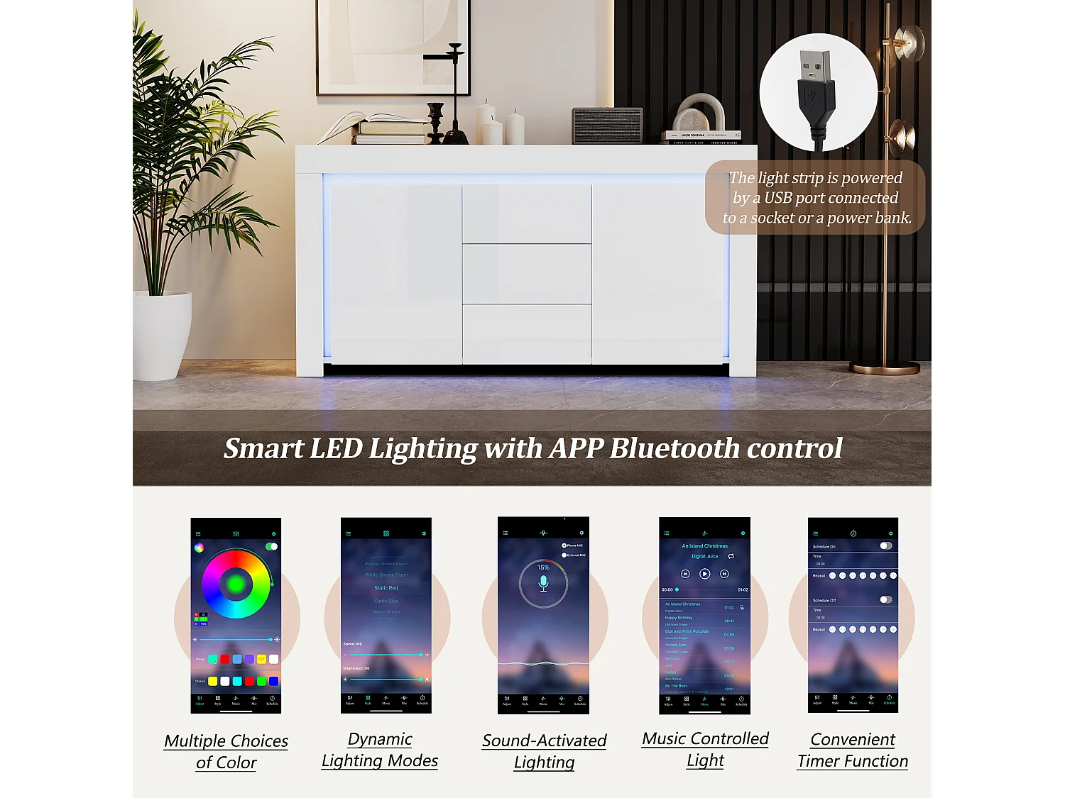 Buffet 140x40x65 cm - 3 tiroirs et 2 portes - avec éclairage LED - Finition brillante - Blanc