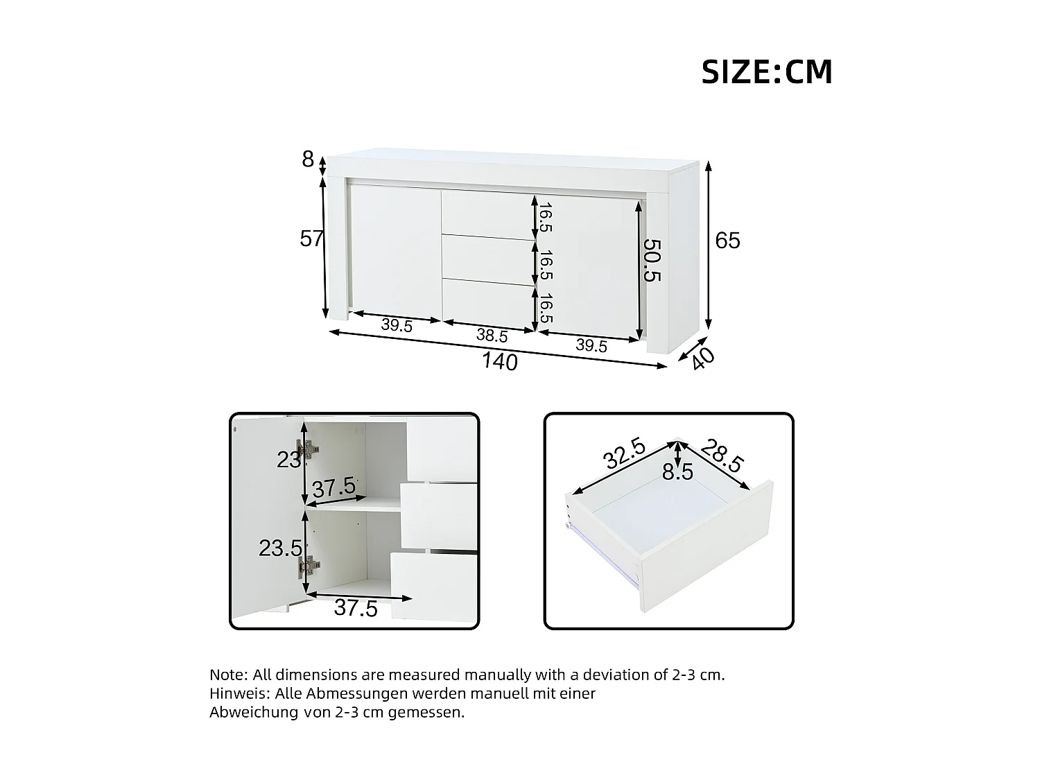 Buffet 140x40x65 cm - 3 tiroirs et 2 portes - avec éclairage LED - Finition brillante - Blanc