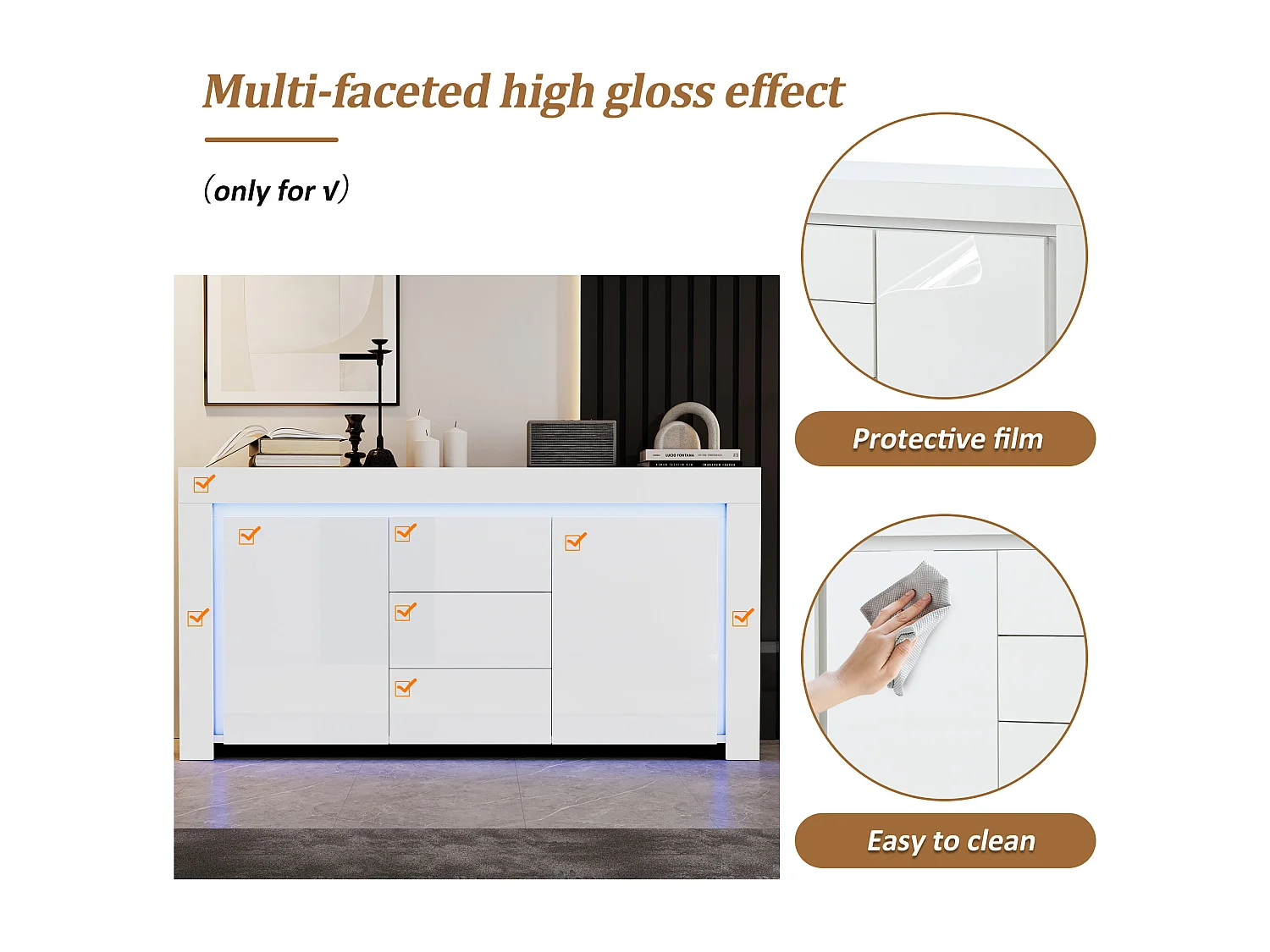 Buffet 140x40x65 cm - 3 tiroirs et 2 portes - avec éclairage LED - Finition brillante - Blanc