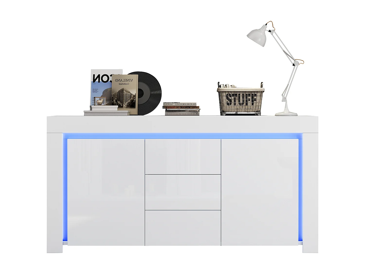 Buffet 140x40x65 cm - 3 tiroirs et 2 portes - avec éclairage LED - Finition brillante - Blanc