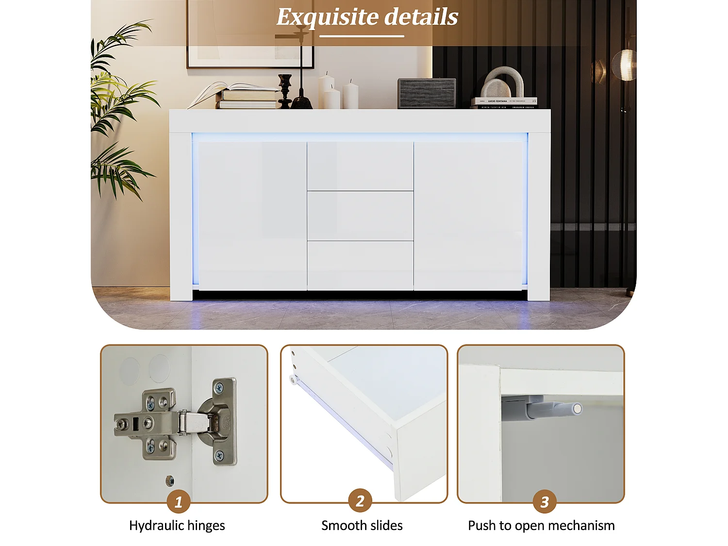 Buffet 140x40x65 cm - 3 tiroirs et 2 portes - avec éclairage LED - Finition brillante - Blanc