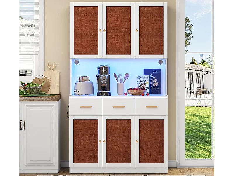 Buffet de cuisine 105x43x182cm - avec USB et prise - avec LED - 6 portes et 3 tiroirs - Blanc + Rouge