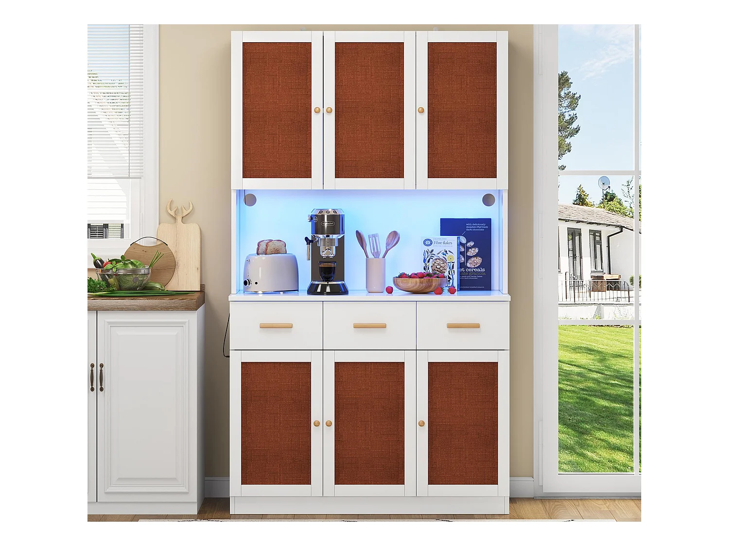 Buffet de cuisine 105x43x182cm - avec USB et prise - avec LED - 6 portes et 3 tiroirs - Blanc + Rouge