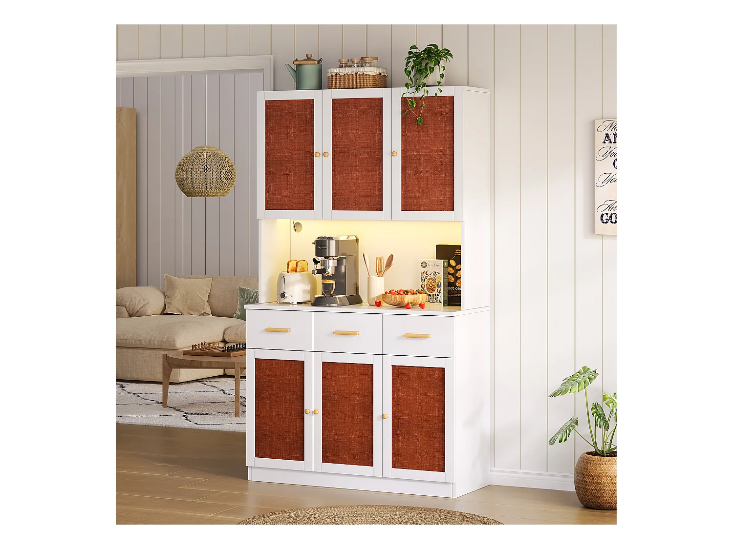 Buffet de cuisine 105x43x182cm - avec USB et prise - avec LED - 6 portes et 3 tiroirs - Blanc + Rouge