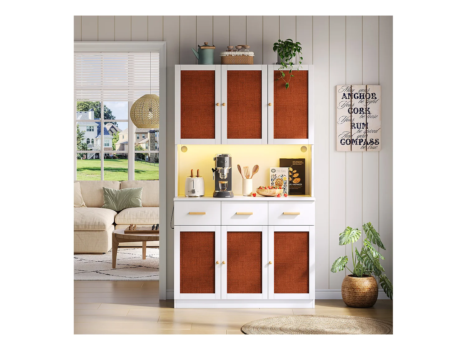 Buffet de cuisine 105x43x182cm - avec USB et prise - avec LED - 6 portes et 3 tiroirs - Blanc + Rouge