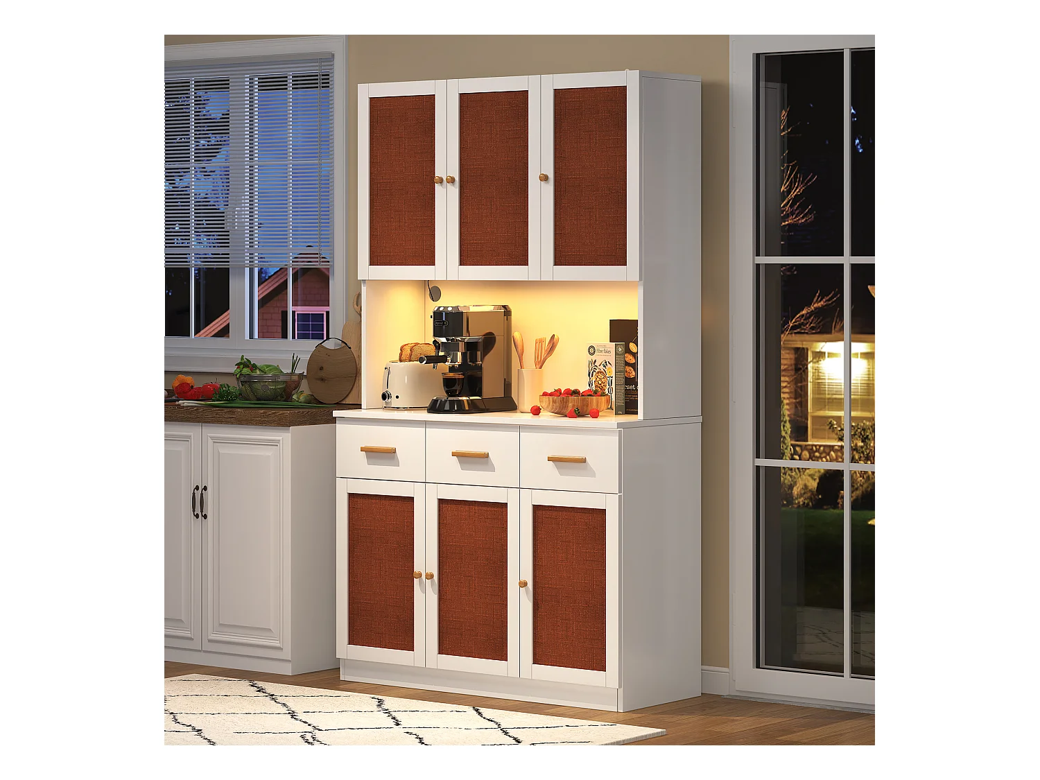 Buffet de cuisine 105x43x182cm - avec USB et prise - avec LED - 6 portes et 3 tiroirs - Blanc + Rouge