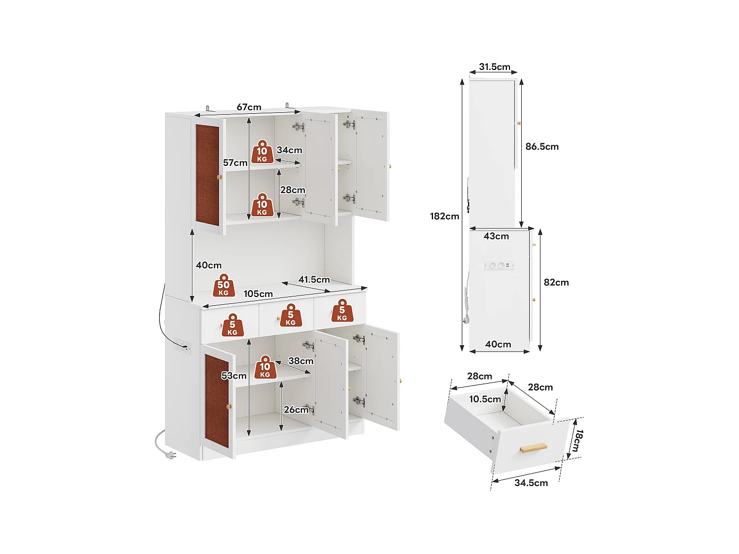 Buffet de cuisine 105x43x182cm - avec USB et prise - avec LED - 6 portes et 3 tiroirs - Blanc + Rouge