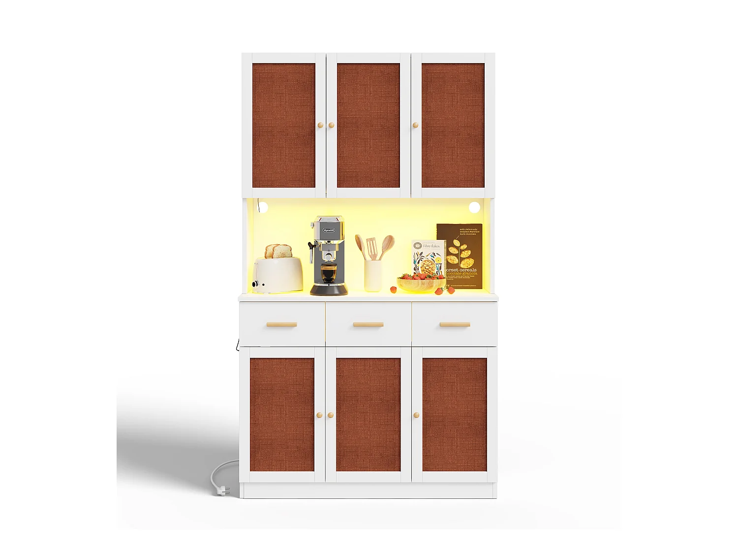Buffet de cuisine 105x43x182cm - avec USB et prise - avec LED - 6 portes et 3 tiroirs - Blanc + Rouge
