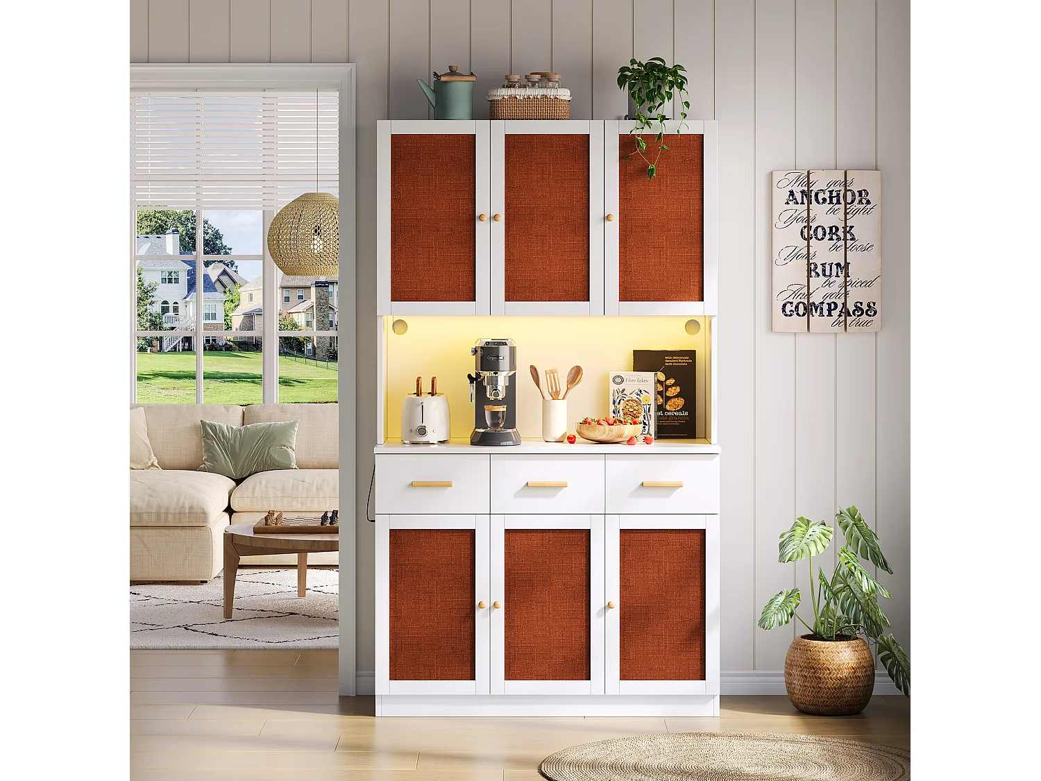 Buffet de cuisine 105x43x182cm - avec USB et prise - avec LED - 6 portes et 3 tiroirs - Blanc + Rouge