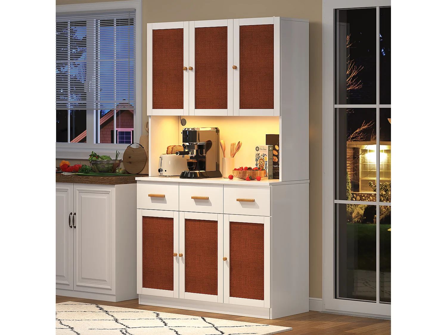 Buffet de cuisine 105x43x182cm - avec USB et prise - avec LED - 6 portes et 3 tiroirs - Blanc + Rouge