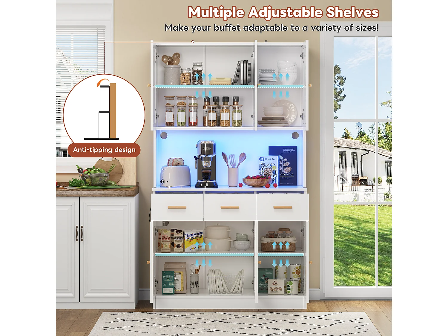 Buffet de cuisine 105x43x182cm - avec USB et prise - avec LED - 6 portes et 3 tiroirs - Blanc + Rouge